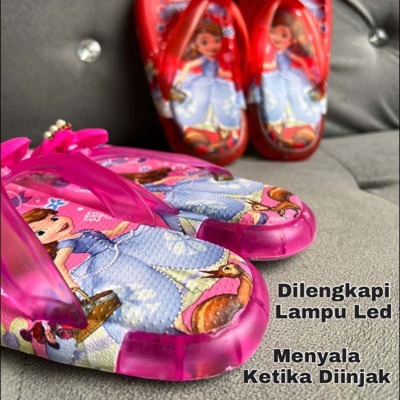 Sandal Jepit Import Anak Princess Sofia Karet ada Lampu LED Kelap Kelip