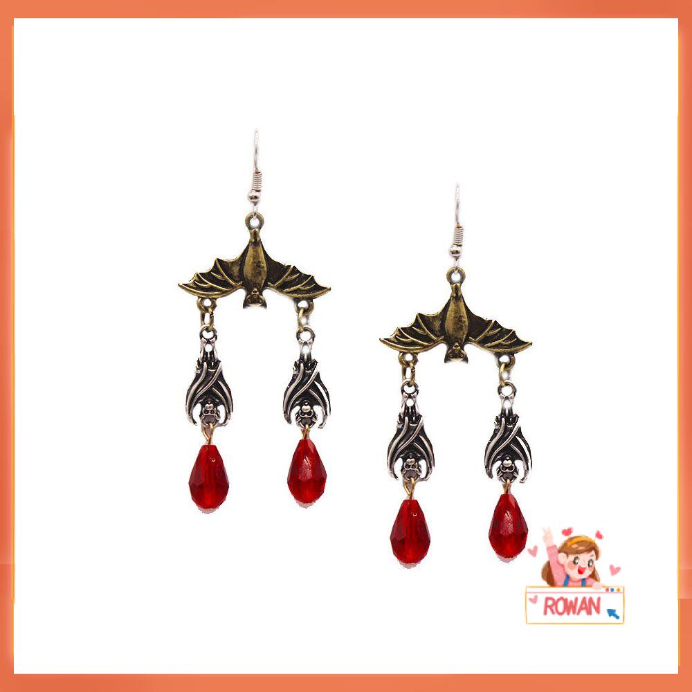 R-bunga Halloween Anting Logam Wanita Gantung Gaya Punk Gothic Retro Berlian Imitasi Merah