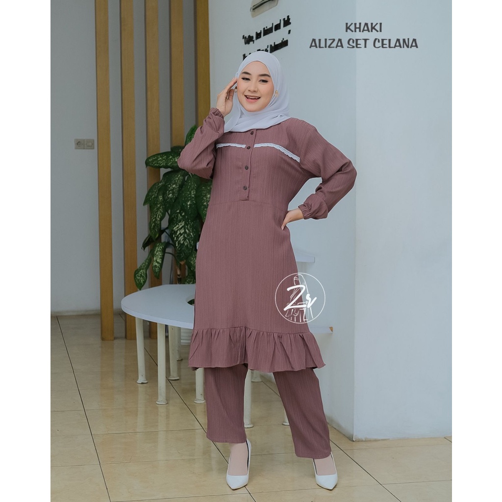 SETELAN KEMEJA / TUNIK KHANZA ALIZA ADINA by ZR original one set atasan celana busana muslim muslimah outfit terbaru crincle wanita busui