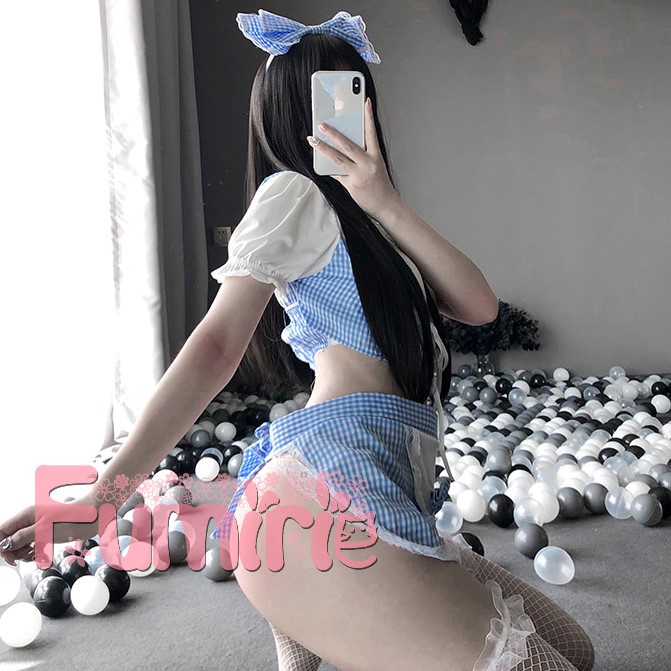 【Fumirie】 Set Maid Blue Pattern Sexy Lingerie Cosplay Pelayan Pembantu