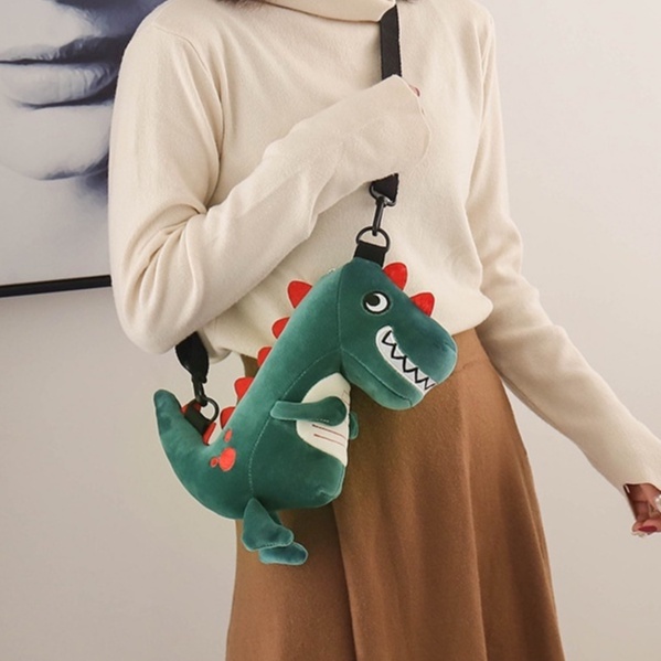 Tas Wanita Model Dinosaurus Cool Green Bahan Plush Sling Bag Import