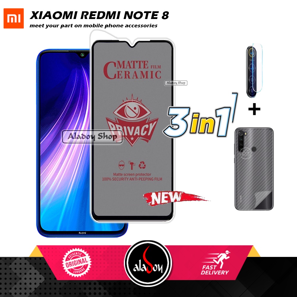 Tempered Glass Anti SPY Xiaomi Redmi Note 8 Anti Gores Privacy + Tempered Glass kamera dan Skin Carbon