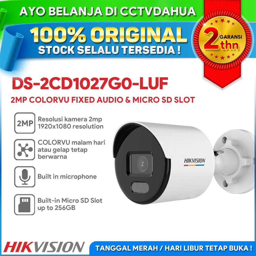 HIKVISION DS-2CD1027G0-LUF 2MP COLORVU AUDIO BUILT IN MIC MICRO SD SLOT GARANSI 2TH