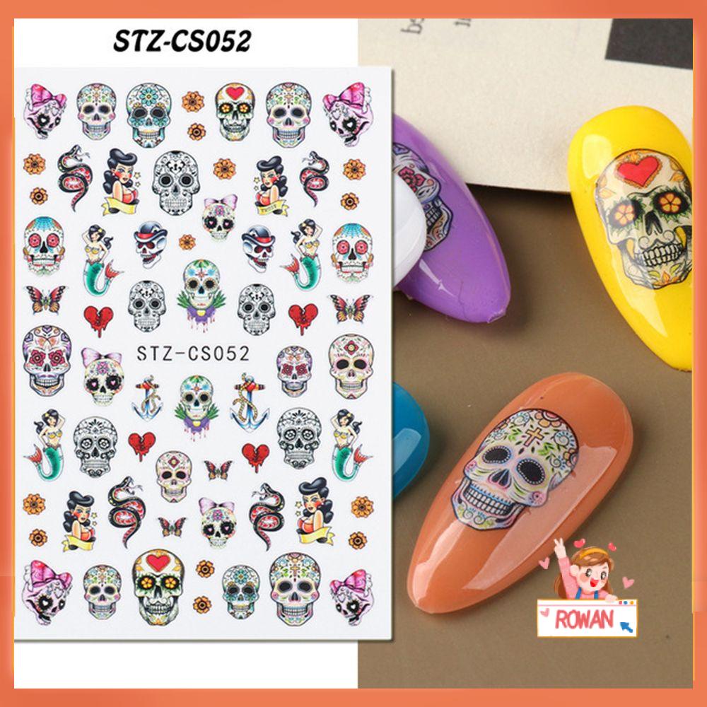 R-bunga Stiker Kuku DIY Perekat Decals Tulang Tengkorak Halloween