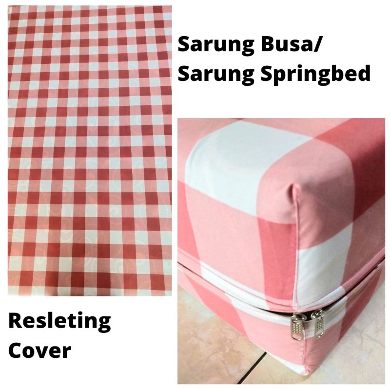 Sarung Busa / Springbed Resleting Cover Motif Kotak Pink - Sprei Aesthetic