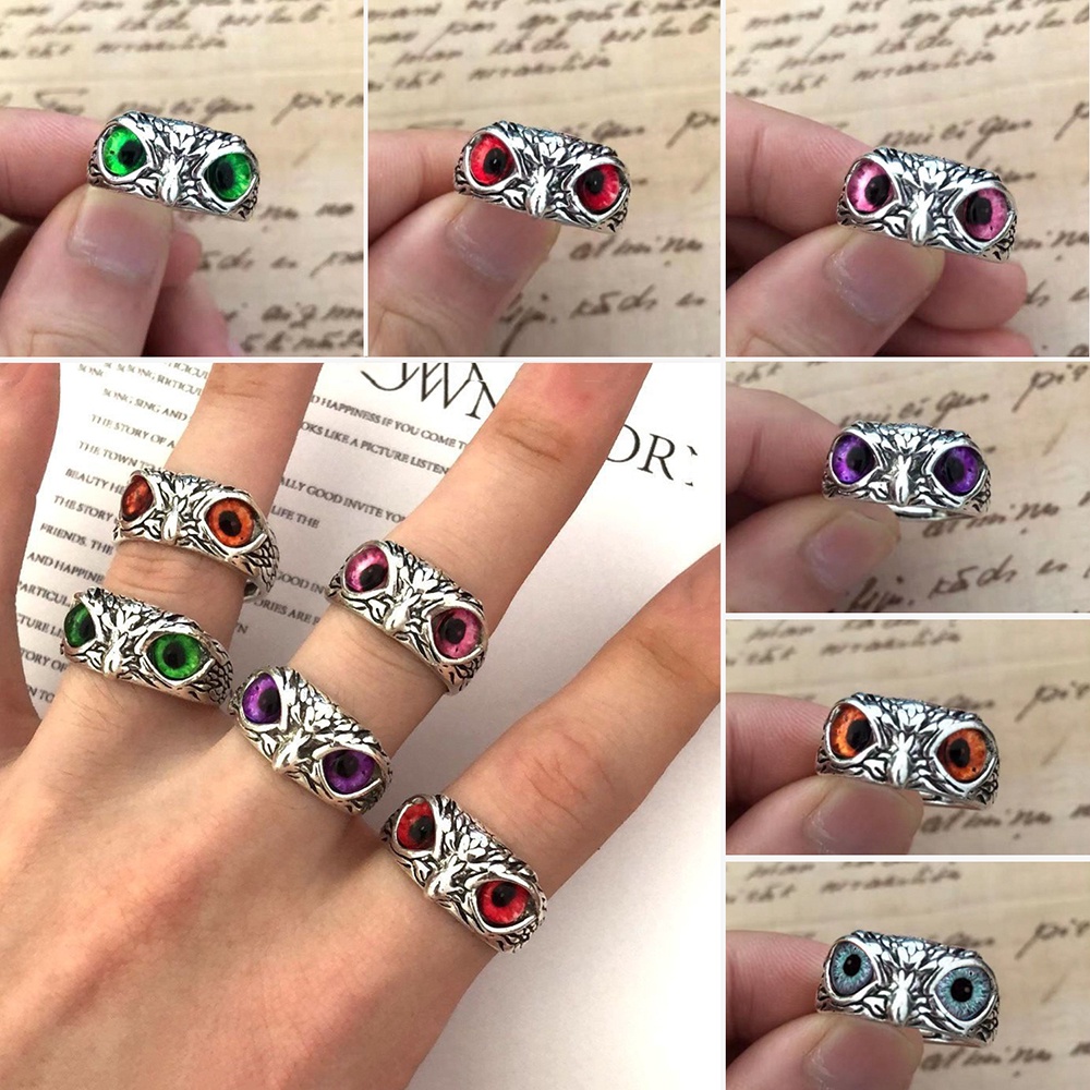 8 warna Kristal Gaya Vintage Burung Hantu Hewan Cincin Perak Untuk Pria Wanita Fashion Perhiasan Anti Karat Ukuran Yang Dapat Disesuaikan Ring