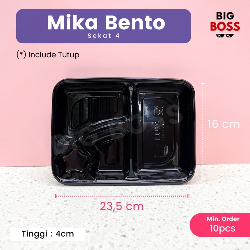 Mika Bento Sekat 4 LUX + Tutup / Mika Bento Plastik / Mika Bento 4 Sekat Hitam / Tray Bento