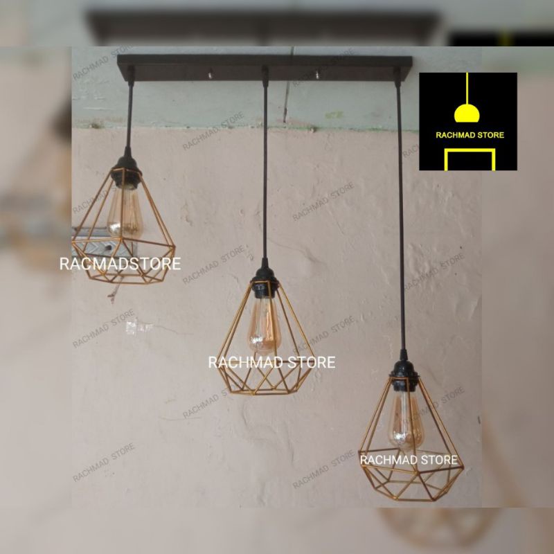Lampu gantung minimalis dekorasi ruang dapur diamond gold isi 3