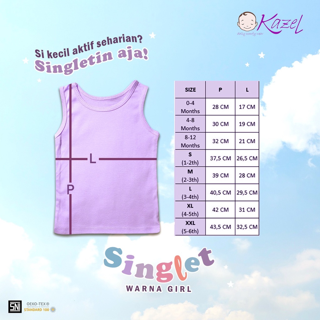 Kazel 3Pc Singlet Putih Adem 0 - 12 Tahun Singlet Warna Putih Anak Kazel x Zebe Half CBKS