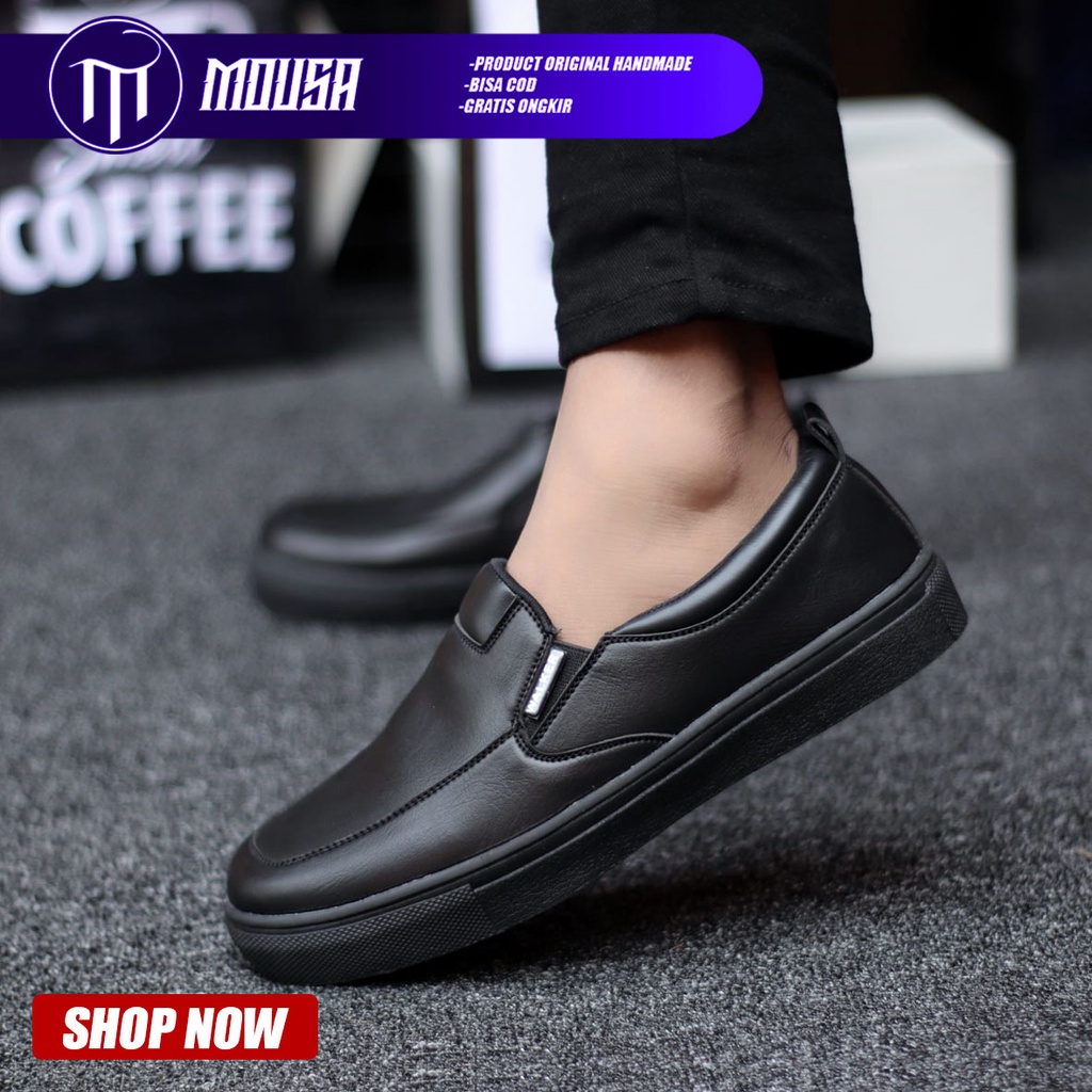 Sepatu Pria Slip On Formal Hitam Kulit Pu Slop Casual Kasual Cowok / Cowo Kerja Kantor Mousa Albd