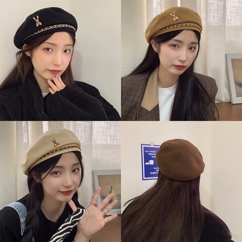 Baret Topi Musim Dingin Topi Wajah Kecil Temperamen Lucu Gaya Retro Baret whit Rabbit