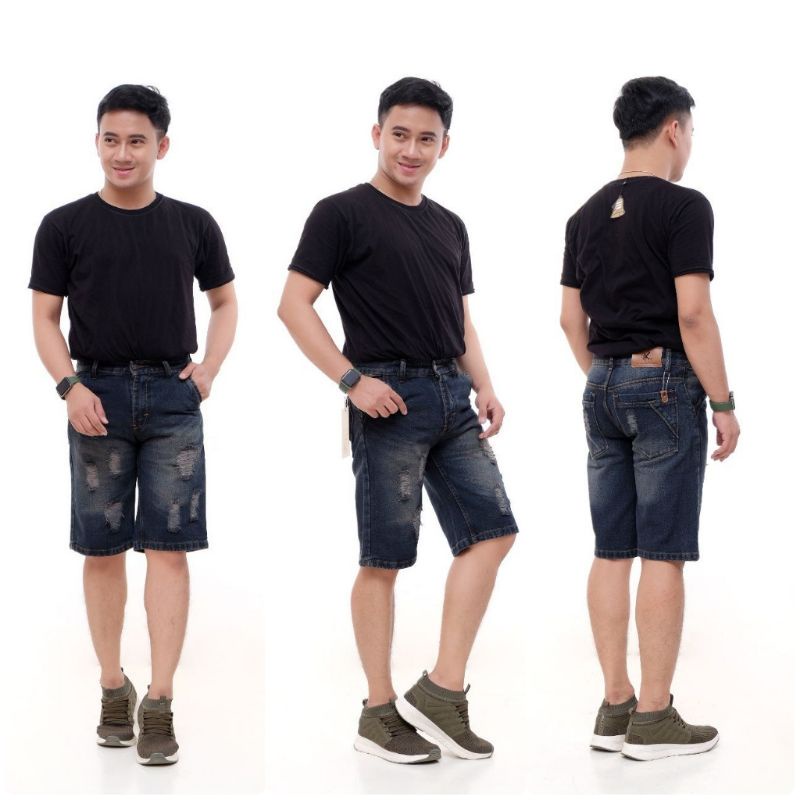 Celana Pendek Jeans Model Sobek Ripped Pria  Biru Muda 27 - 38