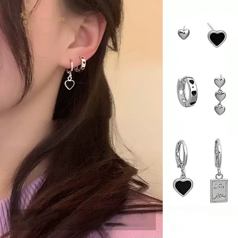 Roselife Korea 3 /4/6 Pcs Set Hitam Hati Liontin Rumbai Rantai Menjuntai Anting-Anting Untuk Wanita Perempuan Keren Manis Anting-Anting Perhiasan