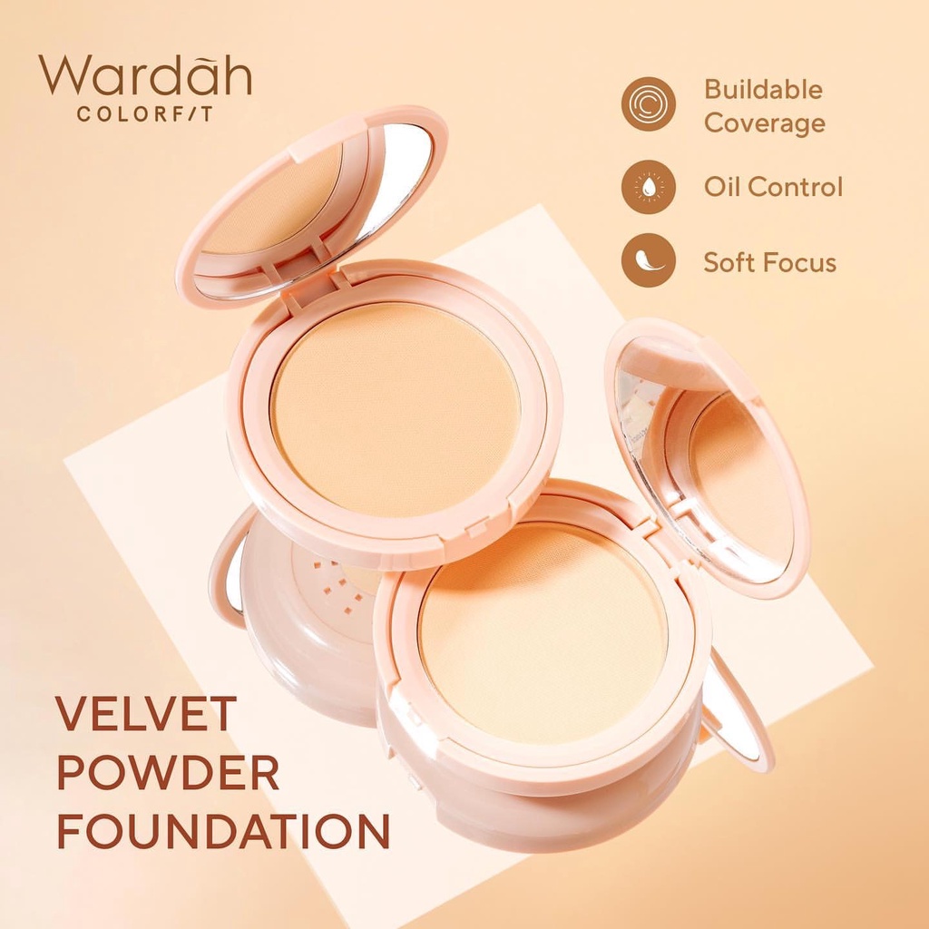 WARDAH Colorfit Velvet Powder Foundation Indonesia / Bedak Wajah 11g / SPF 20 PA++ Buildable Coverage Oil Control 12 Jam Soft Focus Anti Bacterial Transferproof / Ivory Beige Neutral Sand Link / Cosmetic Face Makeup Make Up Series / Cushion Contour Lip