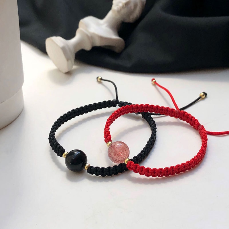 Gelang Obsidian Red cord braided hand cord Kepang Gelang Pasangan Gelang Manik Merah Hitam