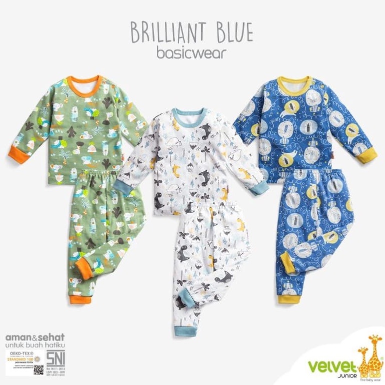 Velvet Junior 3 Setelan Panjang Oblong SML Baju Bayi Kacing Pundak Piyama Baby Baju Tidur Anak