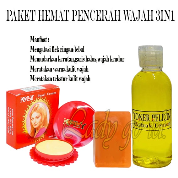 PAKET PENCERAH WAJAH 3IN1 ( toner pelicin ekstrak lemon 60ml + cream kelly 5gr + sabun oren )