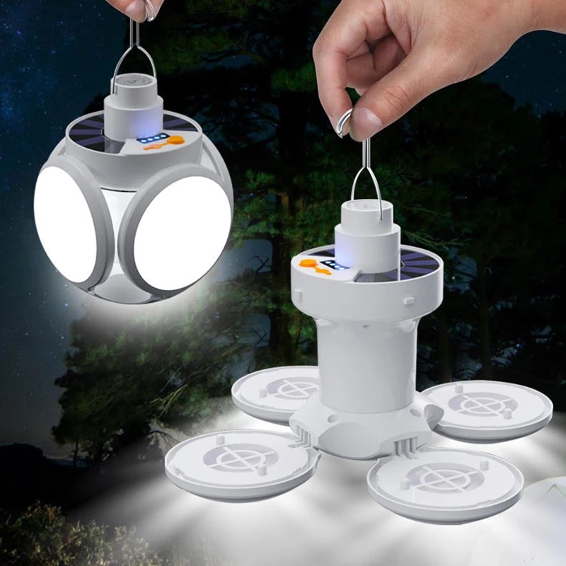 Usb Rechargeable Lamp Hanging Searchlights Bohlam Tahan Air Empat Kelopak Emergency Outdoor Camping Tent Power Display Portable Solar Powed LED Light Lipat