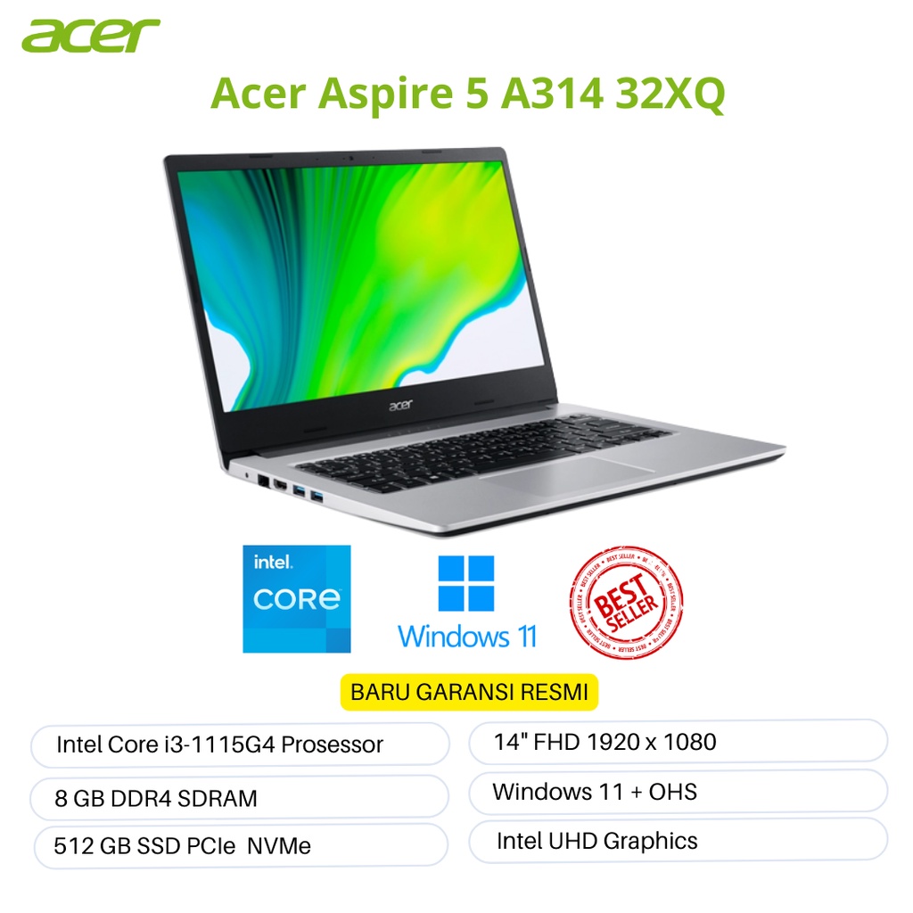 Acer Aspire 5 Slim A514-54-32XQ Core i3-1115G4 8GB 512GB SSD 14″ Win 11 Home+OHS 2021 Pure Silver