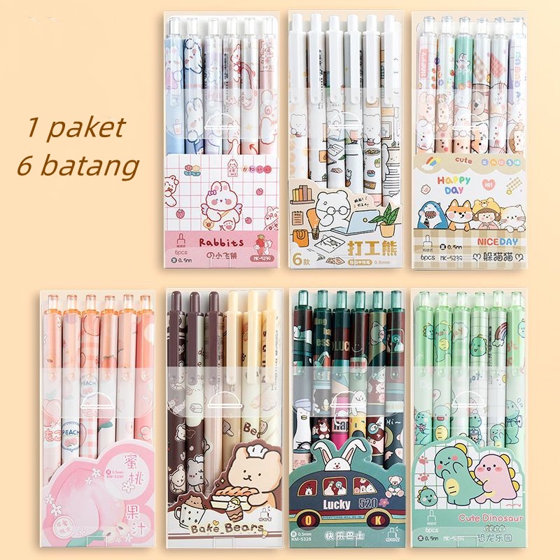 

1 pak berisi 6 pulpen gel kartun/pena gel mekanik pola lucu