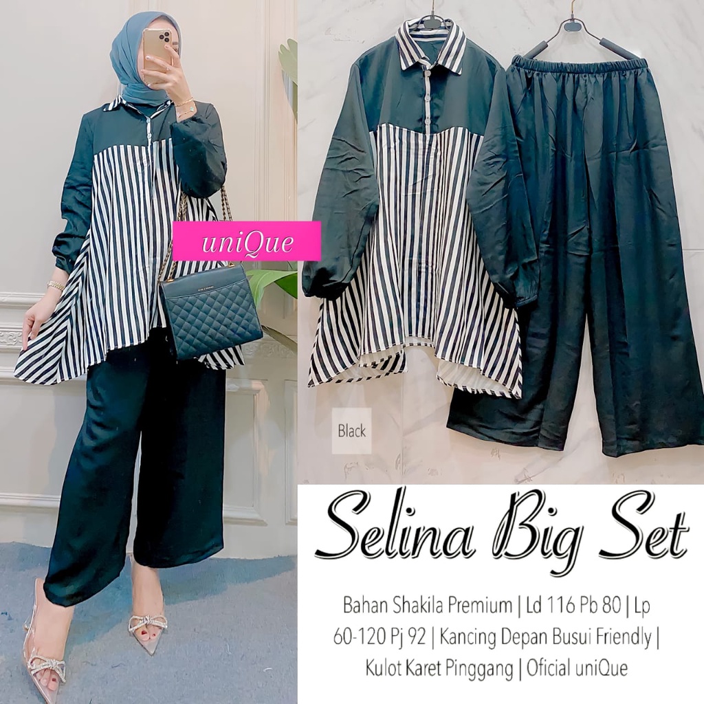 SELINA BIG SET ORIGINAL BY UNIQUE SETELAN BAJU WANITA TUNIK MOTIF SALUR DAN KULOT POLOS ONESET SHAKI