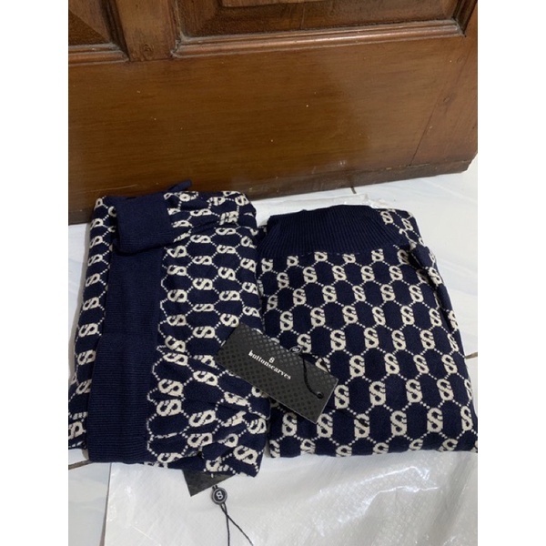 Comfy set navy benang jarum buttonscarves preloved size s