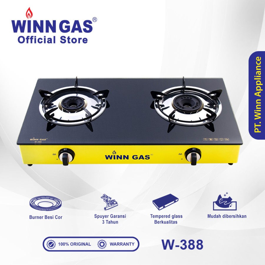 Winn Gas Kompor Gas 2 Tungku Lapis Kaca W-388 &amp; Paket Kompor Selang Regulator W88/W900