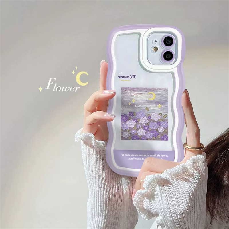 Samsung A04 A04 A04E A04S A13 A03 A03S A21S A12 A02S A11 A51 A10 A30 A50 A52 A20S M12 A71 A32 Lukisan Cat Minyak Ungu Bunga Gelombang Tepi TPU Phone Case Cover