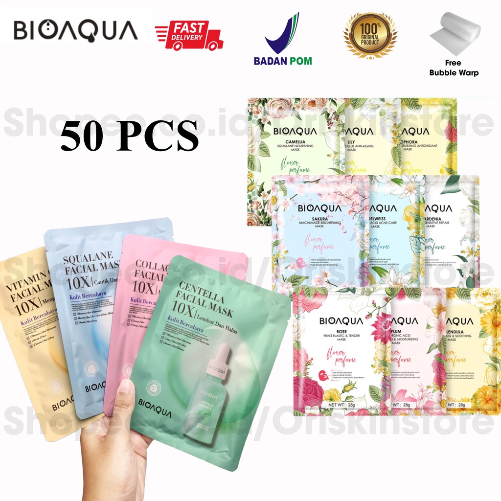 BPOM Bioaqua Sheet Mask [50PCS] Masker Wajah Flowers - 10x Effect Anti Aging Whitening &amp; Moisturizing