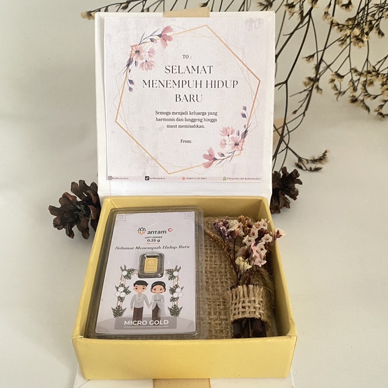 (Wedding Gift) Premium Rustic Box + LM Antam Hartadinata 0,1 gr / 0,25 gr 24k