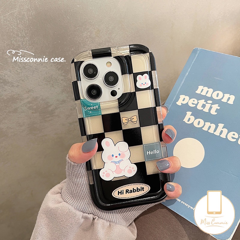 Casing Couple Case Kompatibel Untuk iPhone 7Plus 8Plus XR 11 14 13 12 Pro MAX 7 8 6 6S Plus X XS MAX Kotak-Kotak Beruang Lucu Kelinci Shockproof Airbag Soft TPU Lovers Phone Case