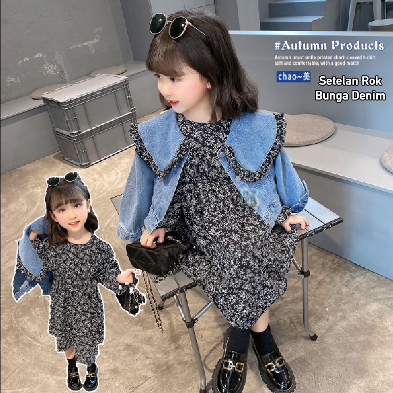 LNR Shop Floral Dress + Jaket Denim Lengan Panjang Anak Perempuan Gaun Jeans Ruffle Flower Outfit Fashion Girls Motif Bunga Princess Clothing Set Jacket