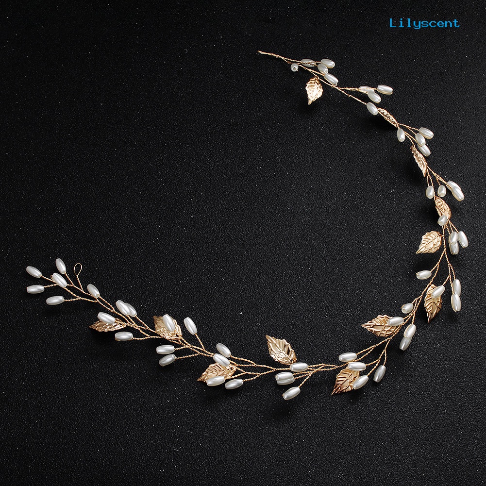 [LS]Elegant Wanita Pernikahan Hiasan Kepala Daun Mutiara Imitasi Bridal Headdress Hair Band