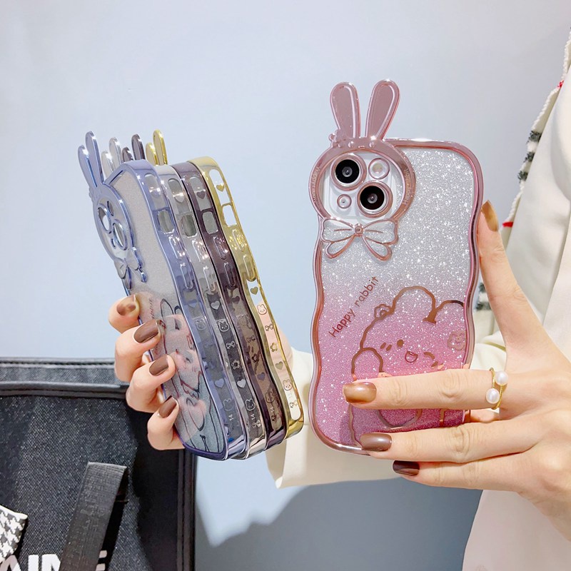 Cute Rabbit Glittering Big Wave Design Electroplating Soft Silicone Bunny Case hp for iPhone 14 Plus Casing IPhone 11 12 13 14 Pro Max Women's Girls Gifts Bumper Cover