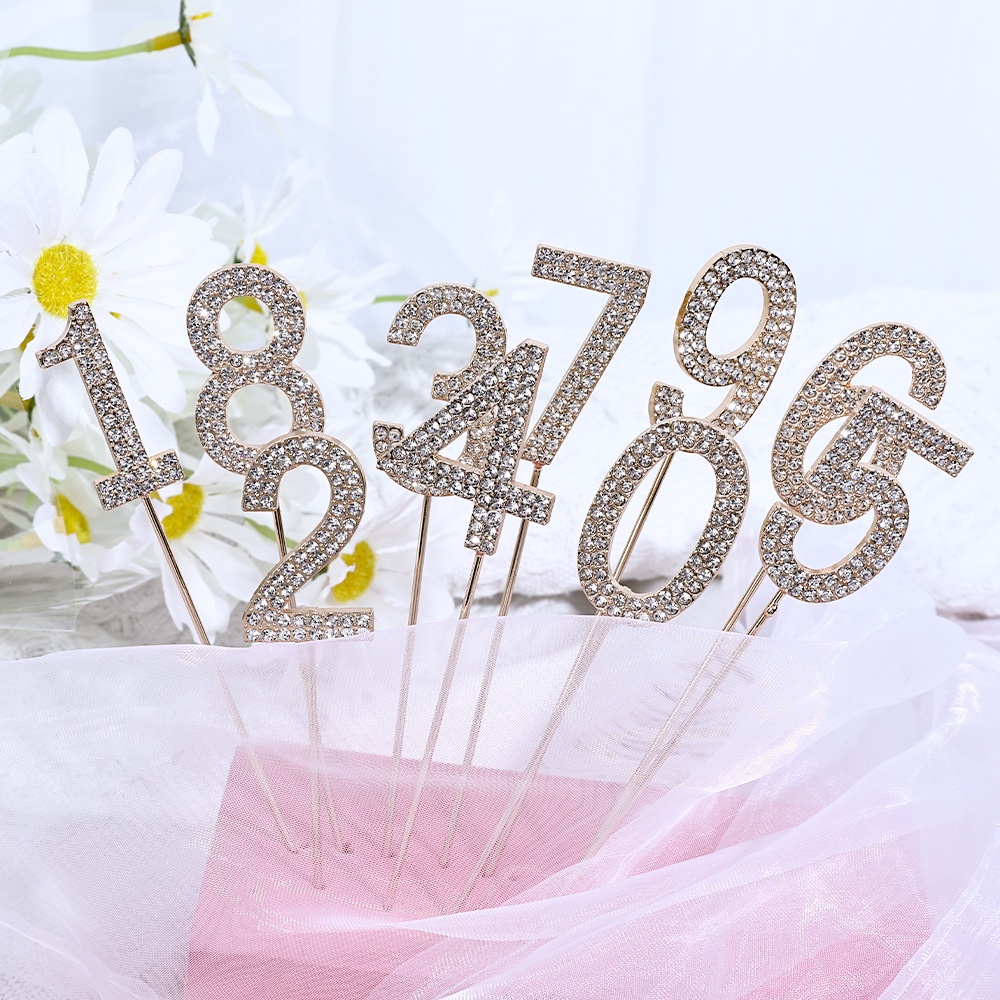 Topper Kue Berlian Imitasi Nomor 0-9 Emas Bertabur Berlian Ulang Tahun Anniversary Pesta Alat Kue Baking Dekorasi Pernikahan