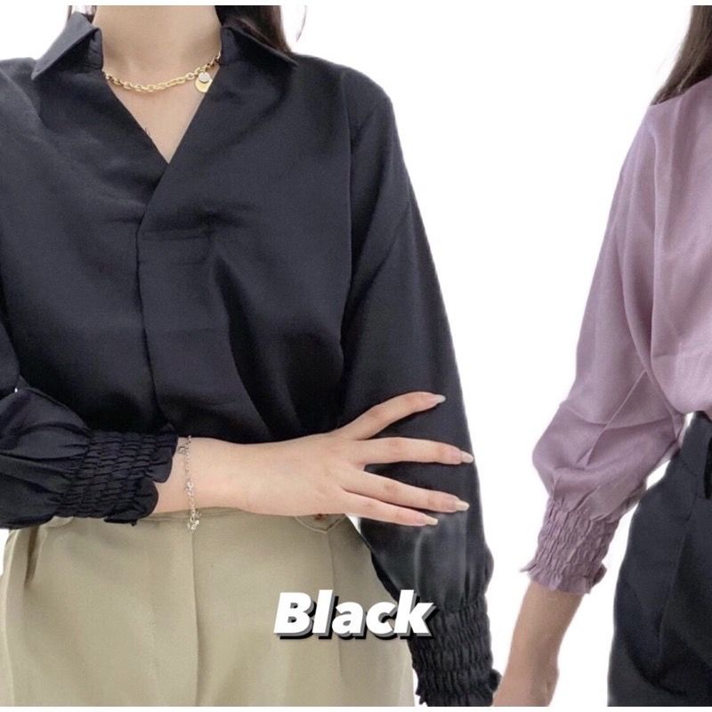 KARA V-Neck Blouse with Collar / Atasan Wanita Kantor Casual Lengan Karet