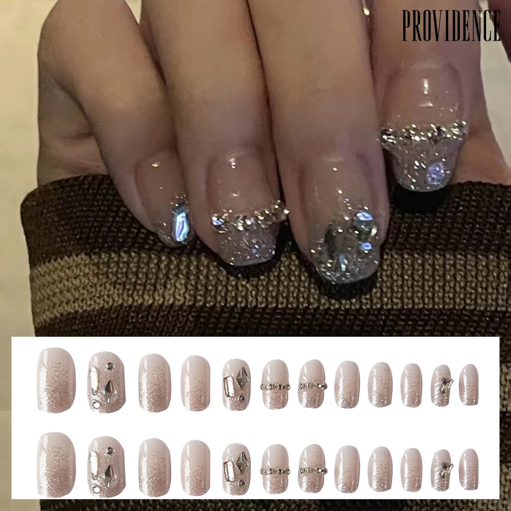 Providence 1set Kuku Buatan Mempesona Efek Visual Penuh Penutup Dilepas DIY Berkilau Rusak Faux Diamond Rantai Tekan Pada Pendek Kuku Palsu Salon Pasokan