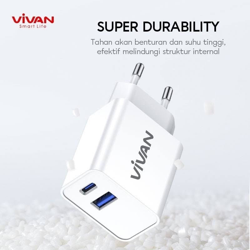 (VIVAN-25W) POWER ADAPTER CHARGER DUAL PORT USB A DAN USB C PD FAST CHARGING QC3.0 25 WATT S20/S21 FE/A33/A53/A72/M52/XR/11/12/13/PRO MAX