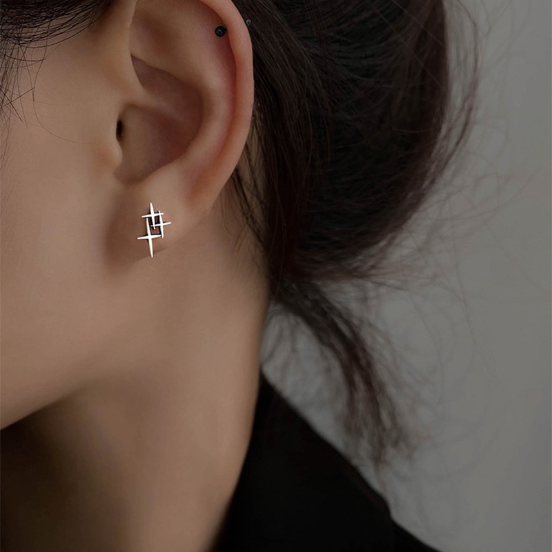 Papaozhu Vintage Perak Bintang Stud Anting Untuk Wanita Pria Unisex Sederhana Fashion Geometris Salib Anting Chic Telinga Perhiasan