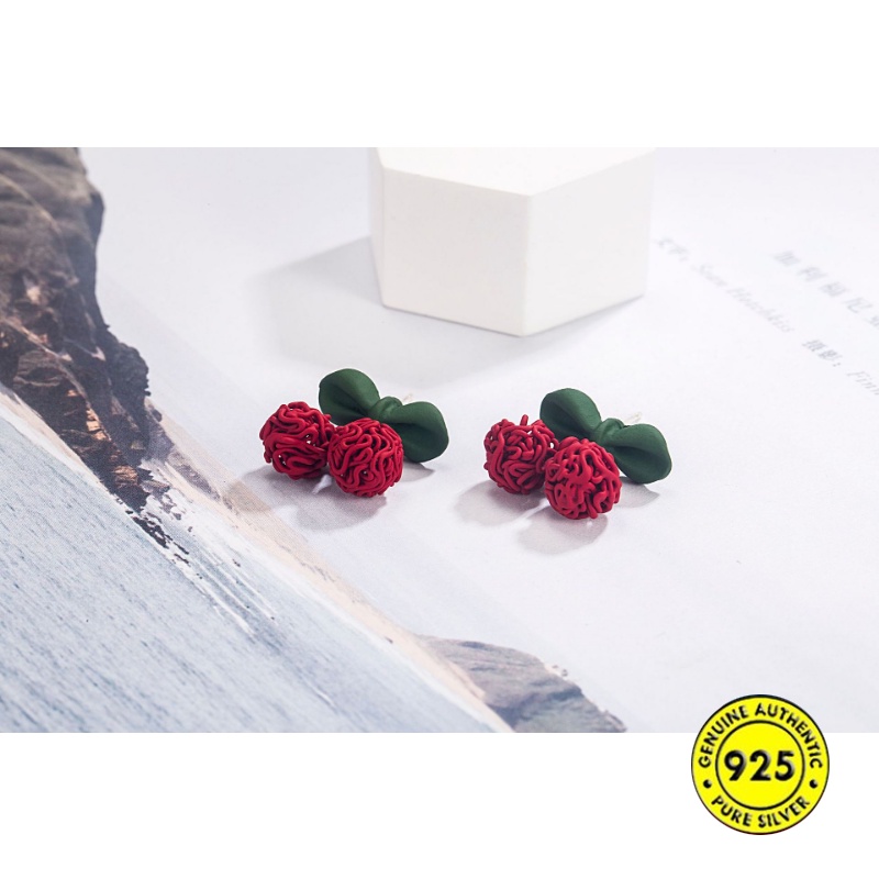 S925 Perak Jarum Busur Merah Cherry Anting Perempuan Gadis Lucu Musim Gugur Dan Musim Dingin Ornamen U1439