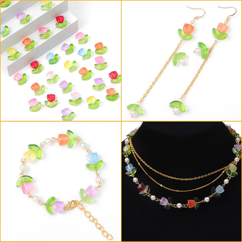 10set Manik-Manik Bunga Tulip Kaca Buatan Tangan Multicolor Manik-Manik Longgar Untuk Anting Gelang Kalung DIY Perhiasan Craft Making