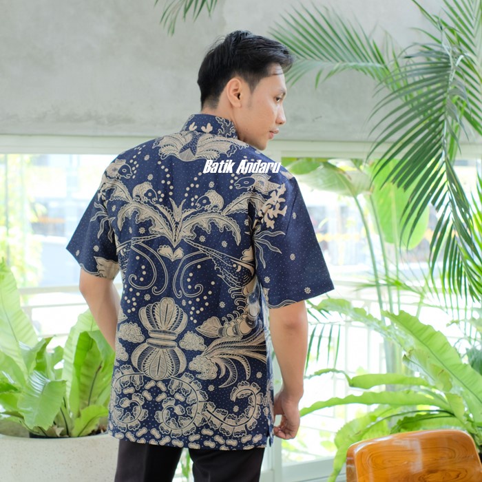 Batik Pria Lengan Pendek Modern Bahan Katun Solo Kualitas Premium Warna Biru Navy