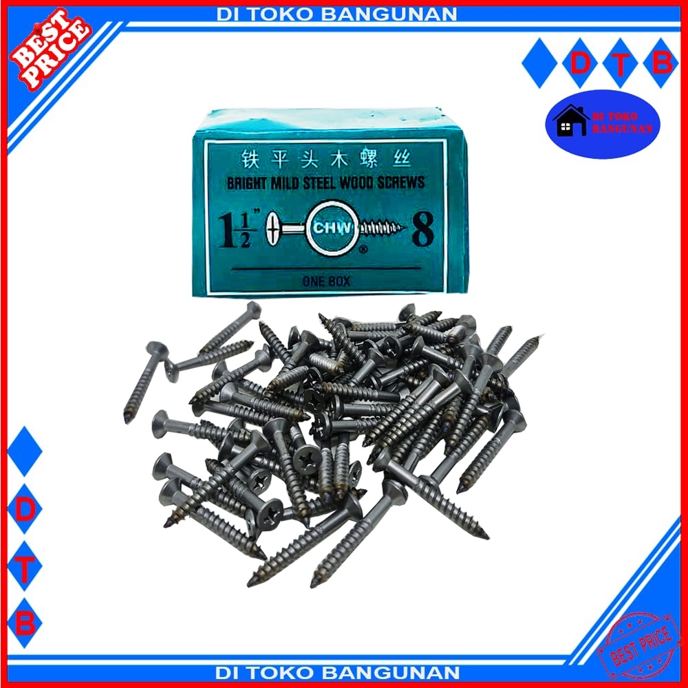 Sekrup Kayu CHW Varian Ukuran 1/2&quot;x4 - 5/8&quot;x5 - 3/4&quot;x6 - 1&quot;x6 - 11/4&quot;x7 - 11/2&quot;x8 - 2&quot;x9