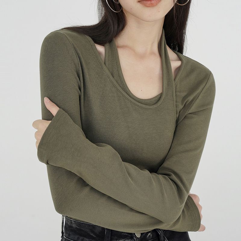 ✁❖▬Suhao 2022 Musim Gugur Baru Yang Chic dan Unik Gadis Panas Lengan Panjang Palsu Dua Potong T-shirt Wanita Slim Desain kemeja Top