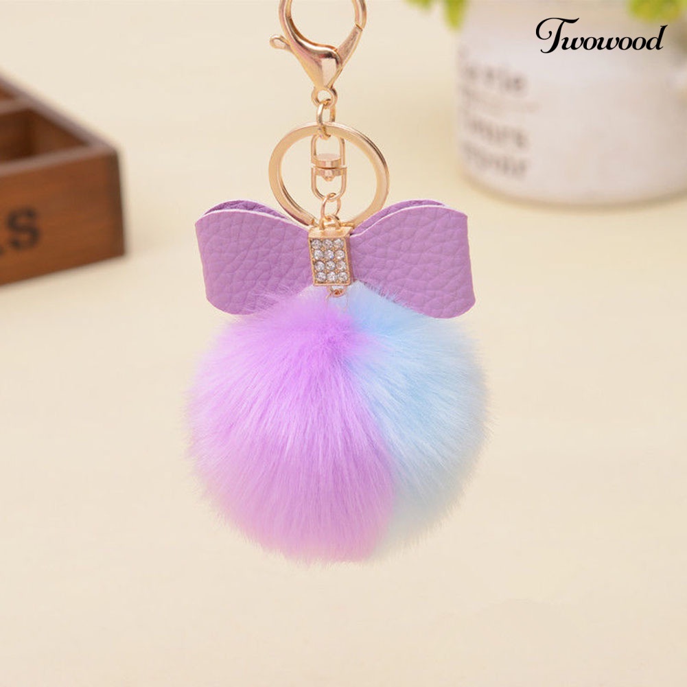 Twowood Faux Rabbit Fur Ball Fluffy Ikatan Simpul Pesona Gantungan Kunci Mobil Handbag Phone Key Ring