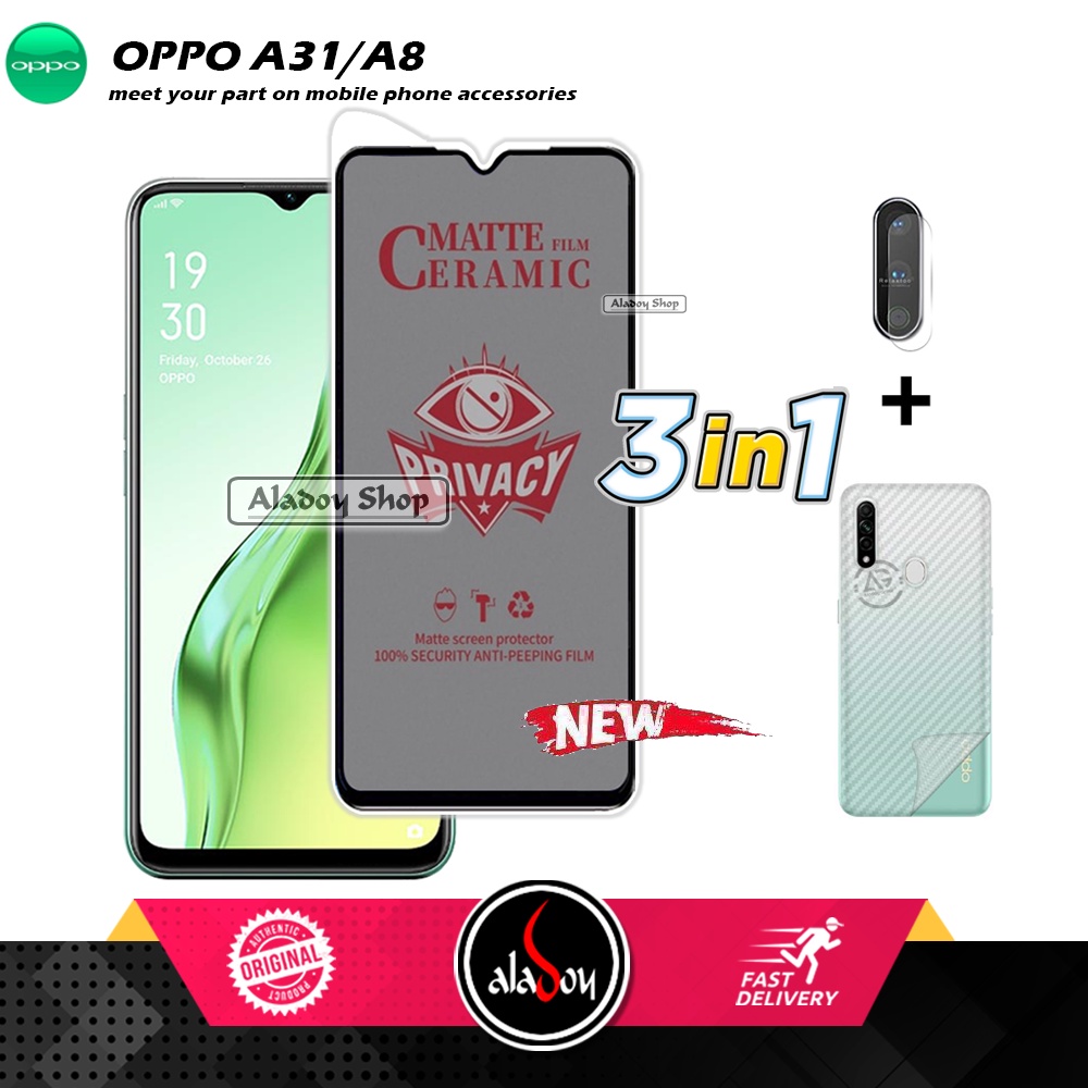 Tempered Glass Anti SPY Oppo A31/A8 Anti Gores Privacy + Tempered Glass kamera dan Skin Carbon