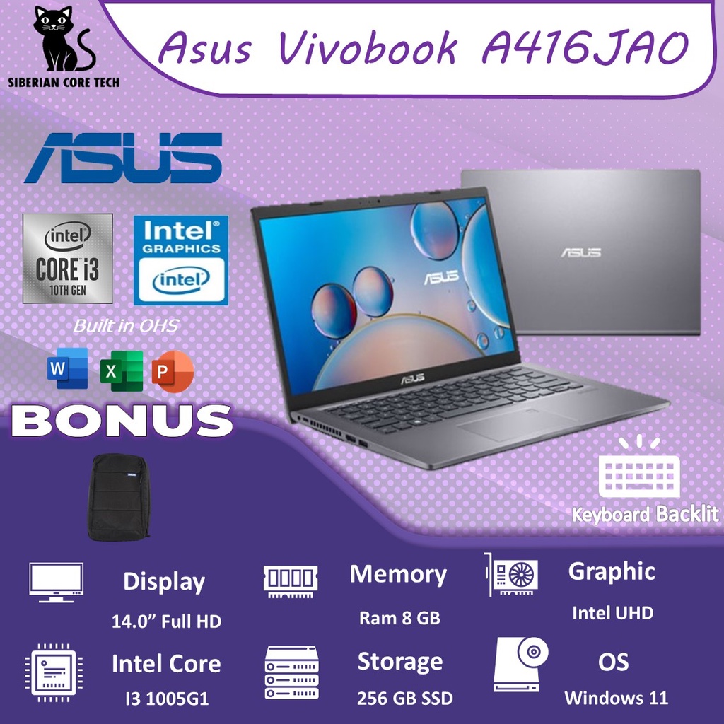 LAPTOP ASUS  VIVOBOOK A416JAO I3 1005G1 16GB 512GB SSD W11+OHS 14.0FHD BLIT