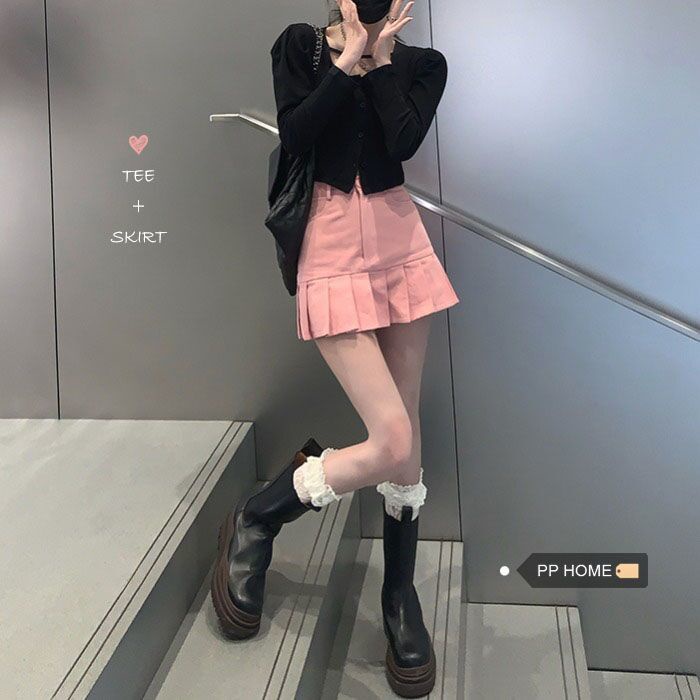 Suhao one-piece suit girl party~ Korean palace hot girl puff sleeve short T-shirt + vintage playful pleated skirt female