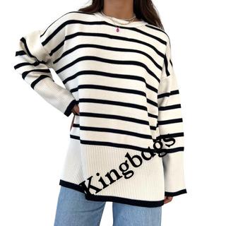 Knitware Oversize Wanita Blouse Korean Style Belang - Belang Lengan Panjang