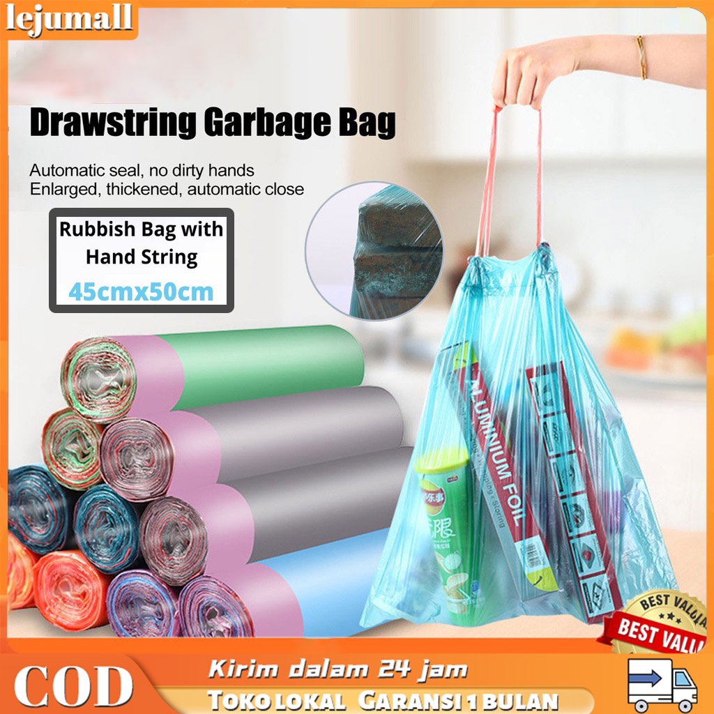 15 LEMBAR/ROLL Disposable KANTONG PLASTIK SAMPAH DENGAN TALI 45X50CM KANTONG PLASTIK GULUNG TRASH Large Trash Bag